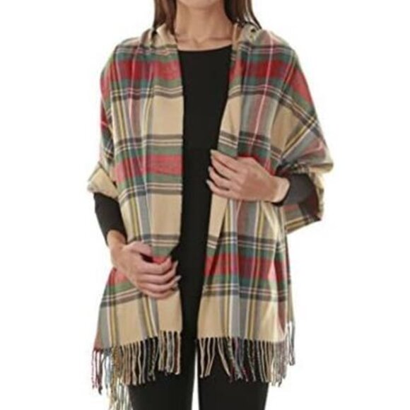 Beige Oversized Tartan Scarf for Women – Cashmere-Feel Winter Shawl 80" x 30" - Picture 4 of 5